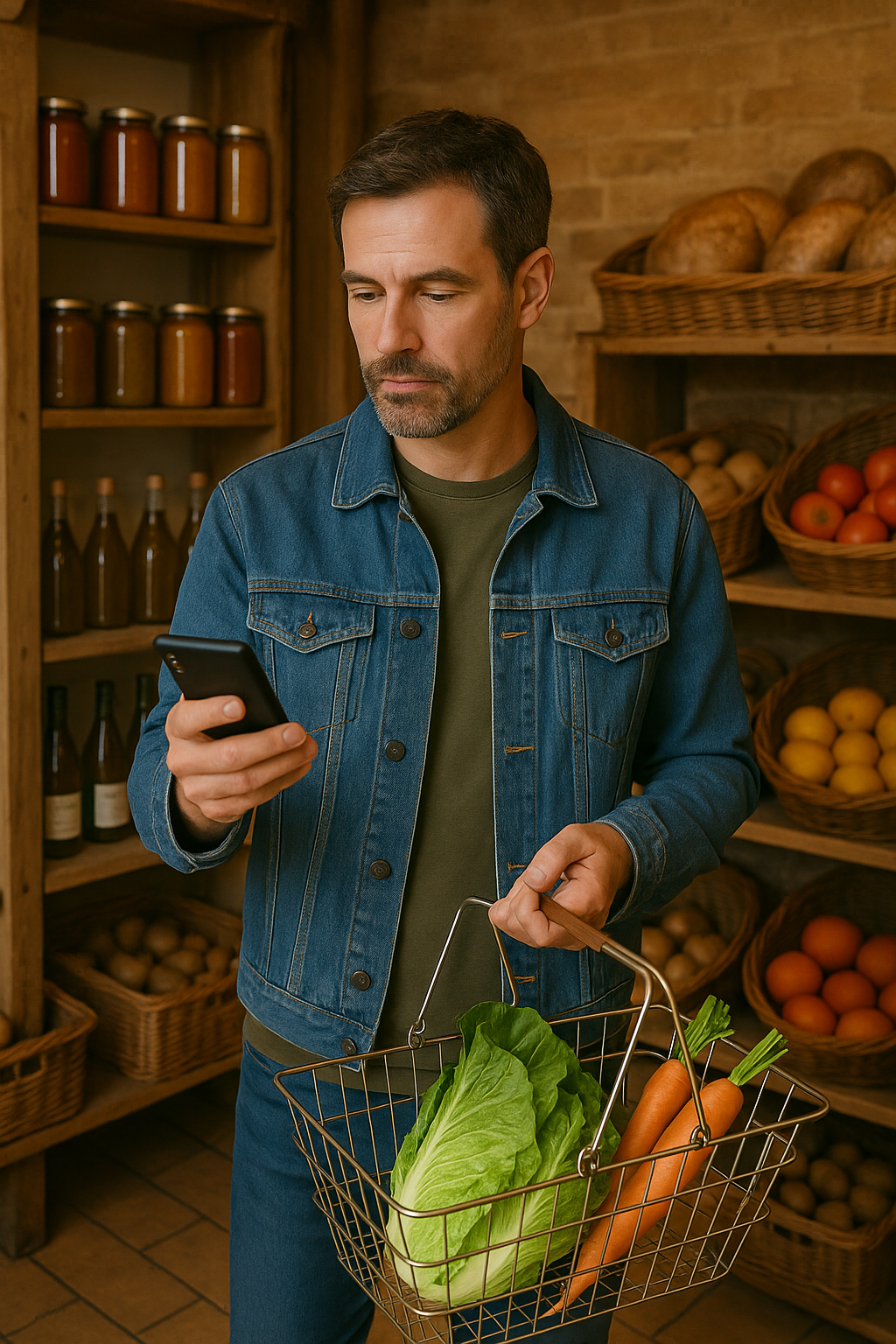 Un homme qui se sert de son smartphone lors d'achat de produits alimentaires locaux.