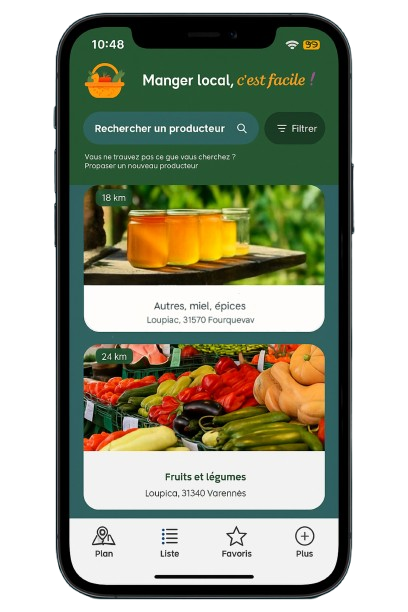 Cette illustration d'un téléphone qui présente une application facilitant l'accès aux produits alimentaires locaux montre le rôle du smartphone dans la valorisation du local.
